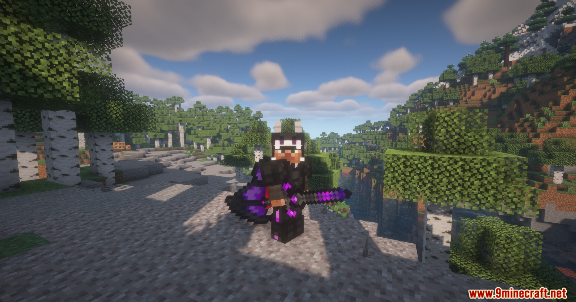 Player showcasing custom armor and weapons from Enderdragon Loot Mod