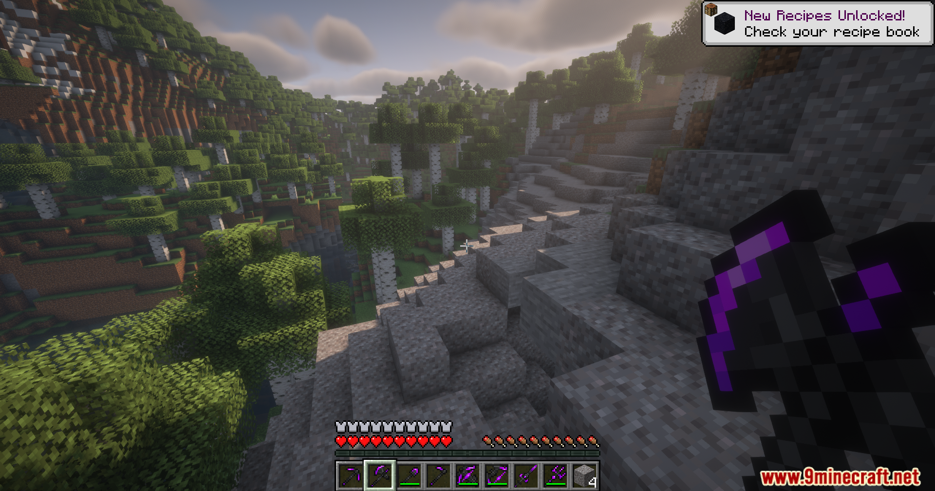 Player holding a custom dark pickaxe with full custom tool set