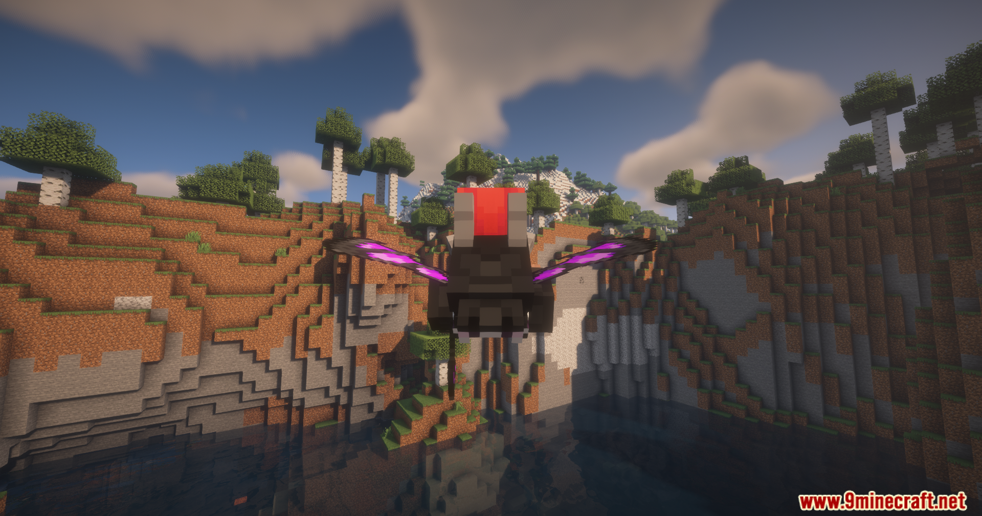 Player flying over a river using a custom dark winged chestplate