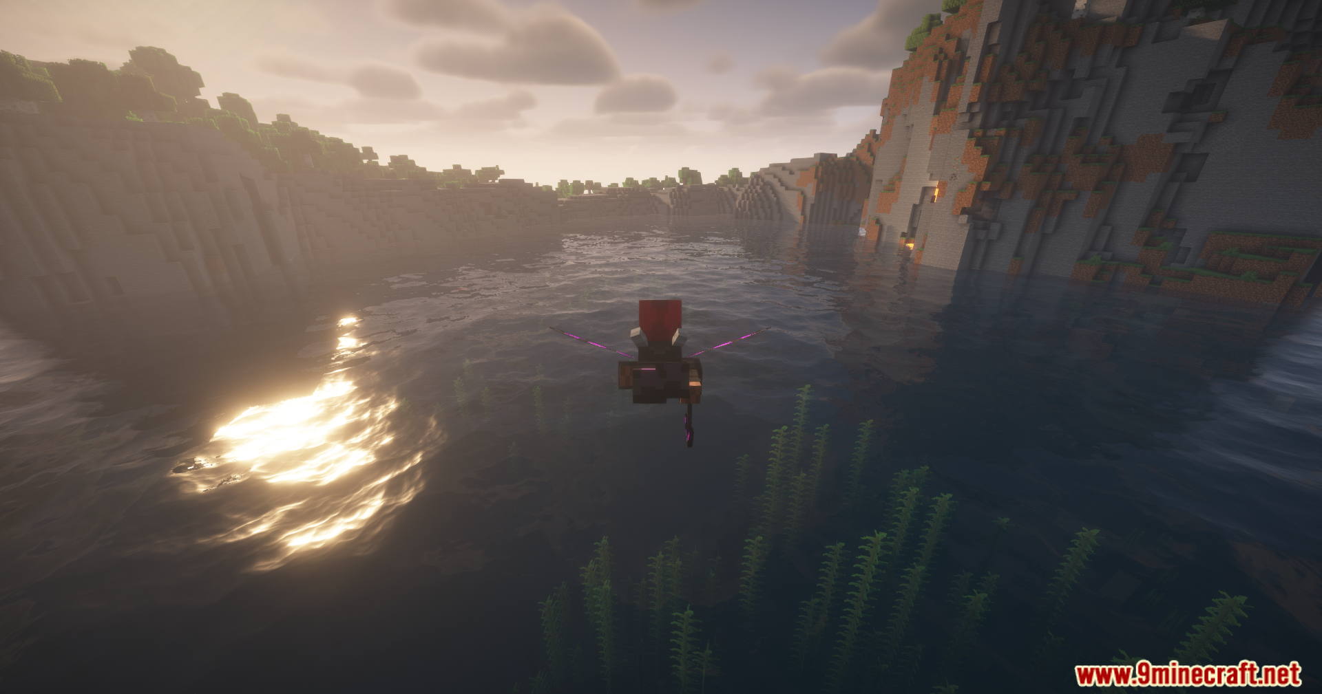 Player gliding over a lake using custom dark purple wings