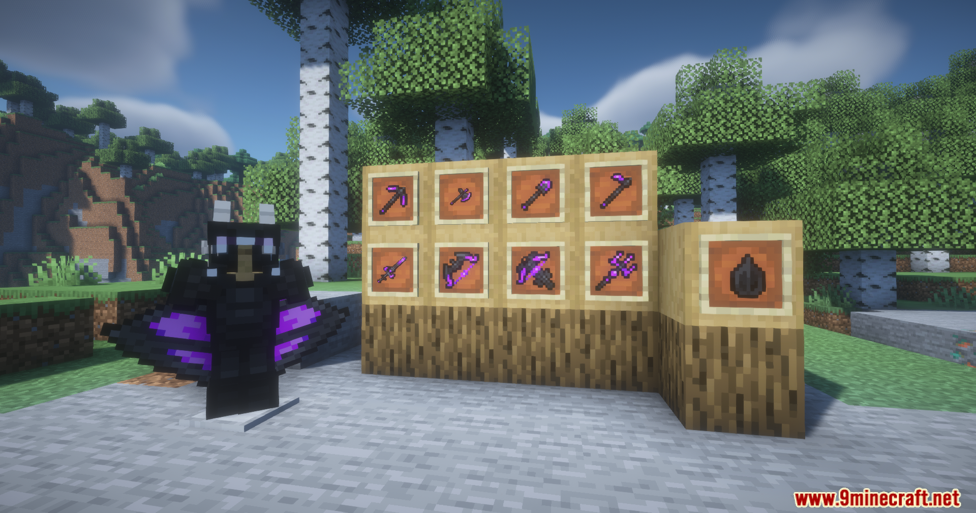 Display of winged dragon armor and purple tools in item frames