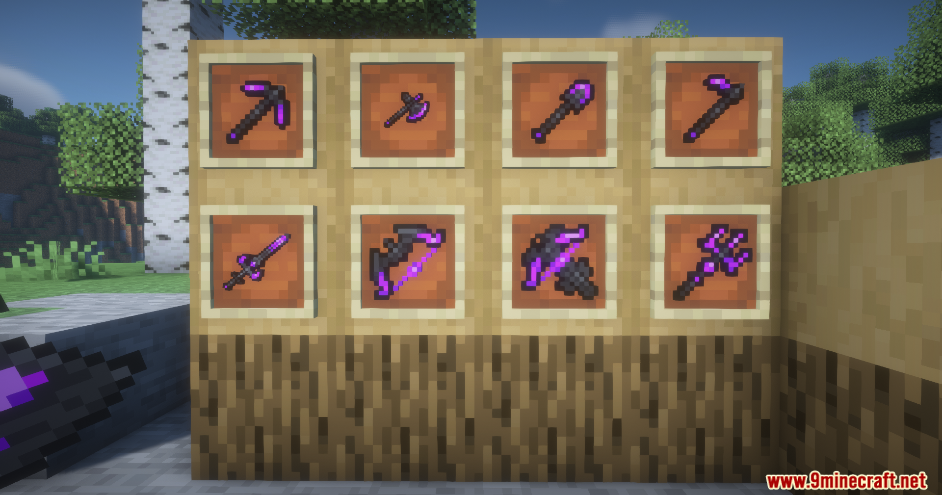 Collection of purple dragon scale tools and weapons in item frames