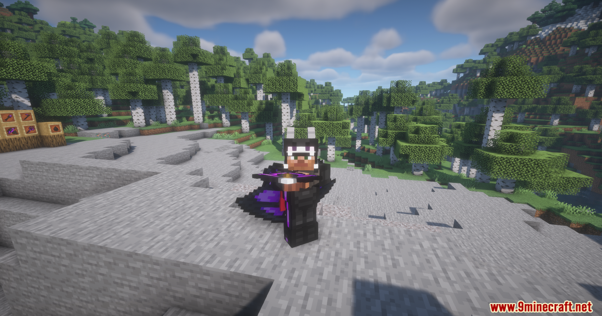 Player wearing full dragon armor with winged chestplate holding a crossbow