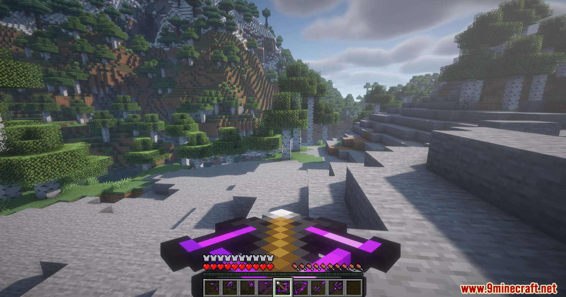 Player aiming a custom purple dragon crossbow in first person view