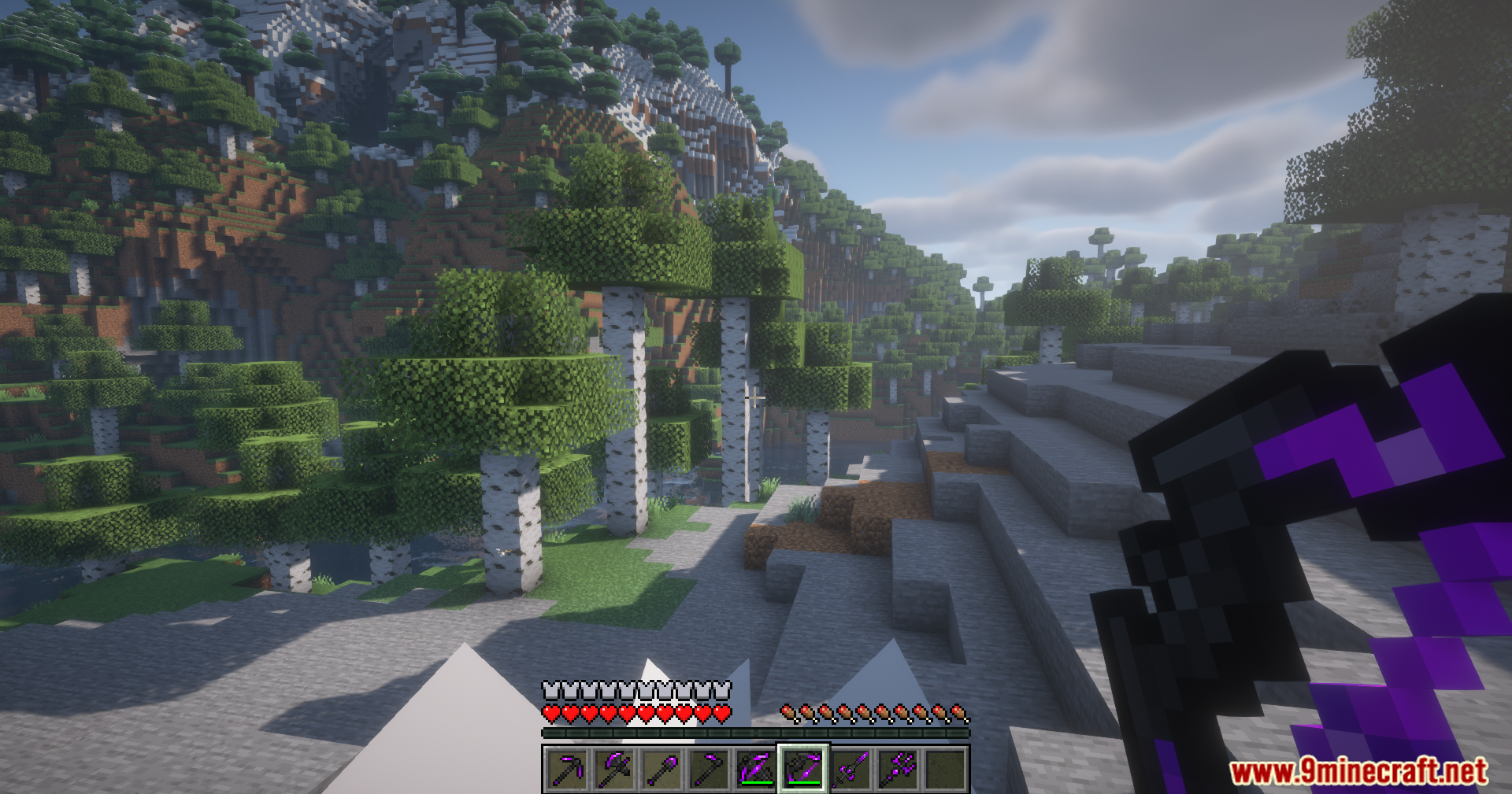 Player holding a custom purple and black bow in a forest