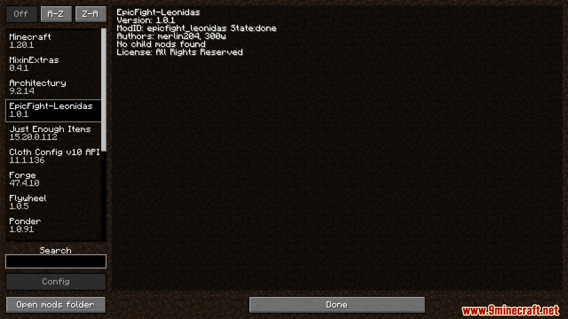 Minecraft mod list menu showing the Epic Fight Leonidas mod installed