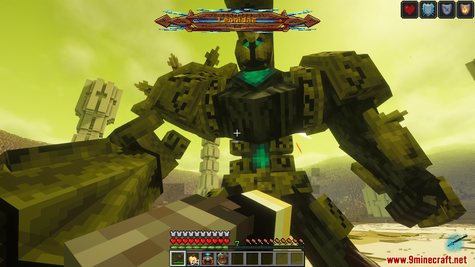 Close up view of the massive stone Leonidas boss attacking