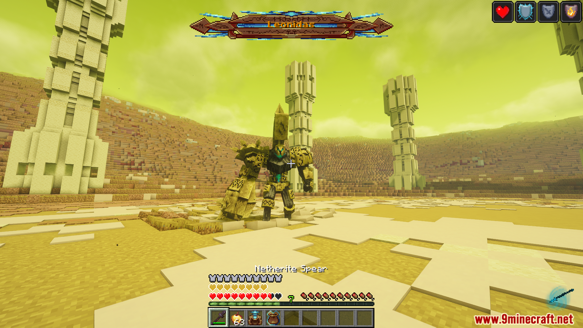 Player holding a Netherite spear facing the giant Leonidas boss