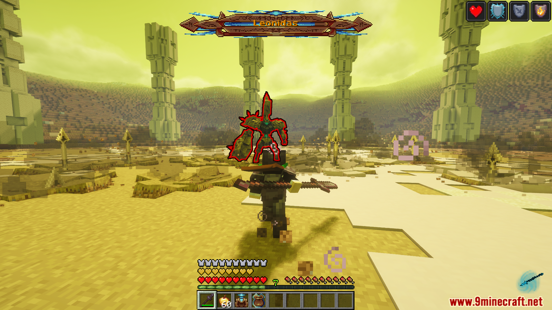 Player fighting the giant Leonidas boss in the Rockwind Ruins