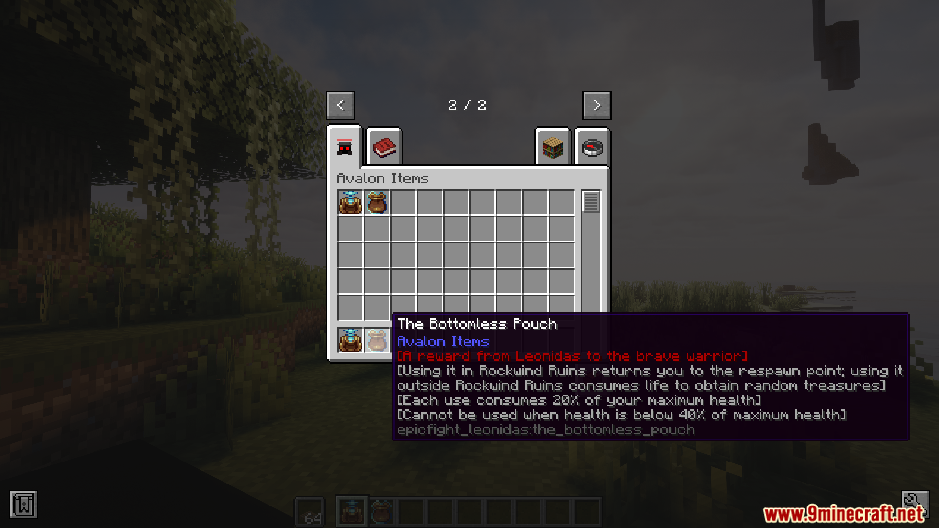 Player viewing The Bottomless Pouch item and its detailed tooltip description