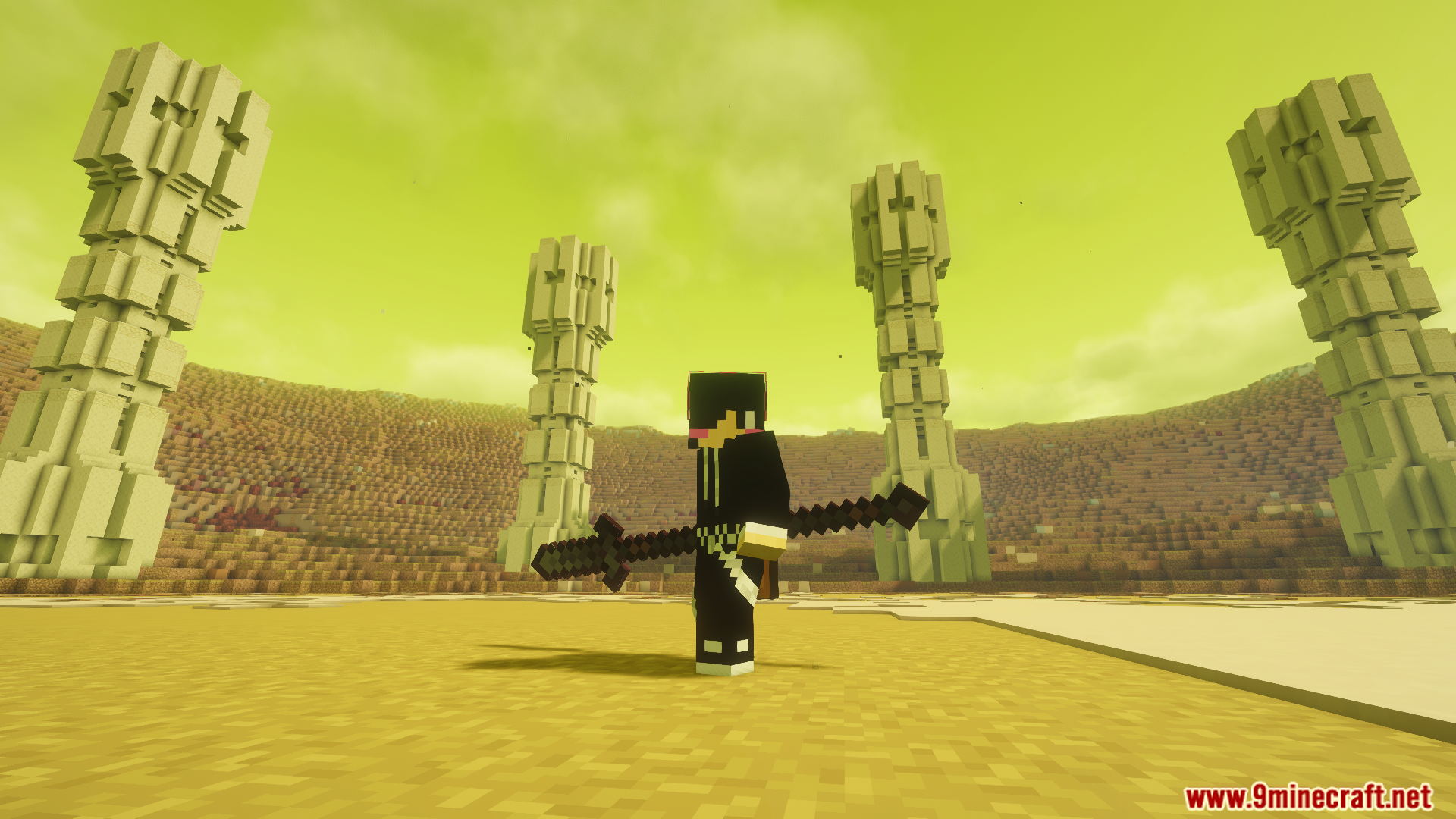 Player holding a large weapon standing in the Rockwind Ruins dimension