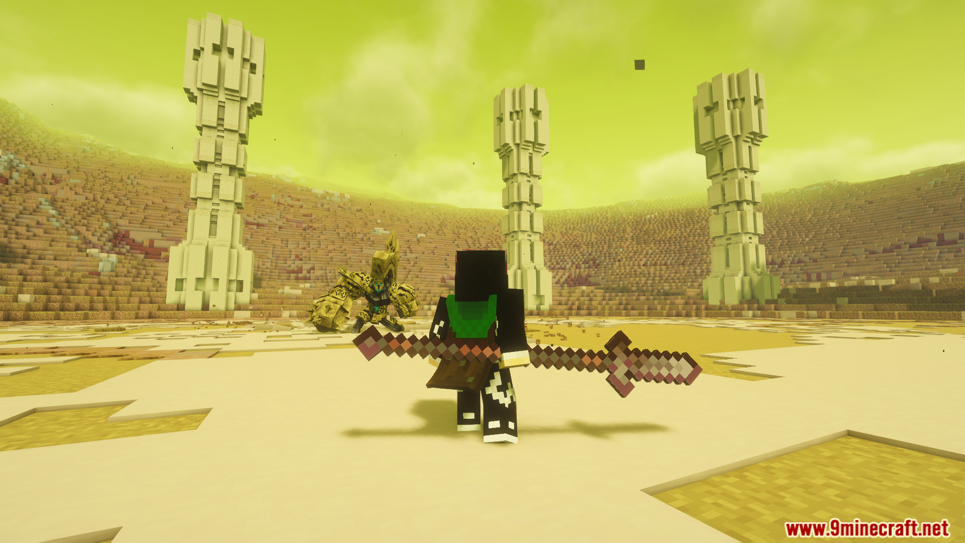 Player holding a large weapon facing the giant boss enemy