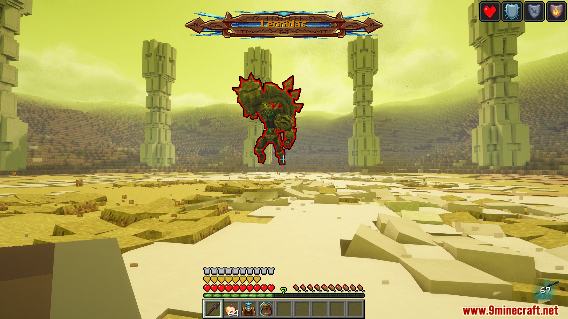 Giant Leonidas boss glowing red during combat in sandy arena