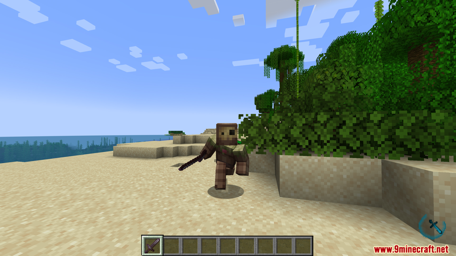 Player character holding a sword on a beach