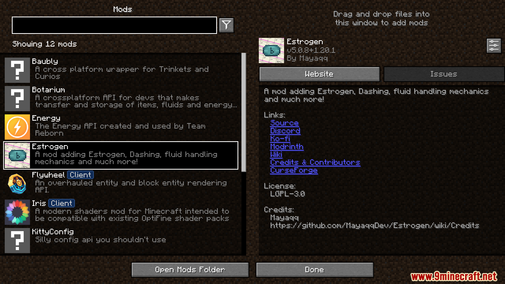 Estrogen mod details in the Minecraft mods menu