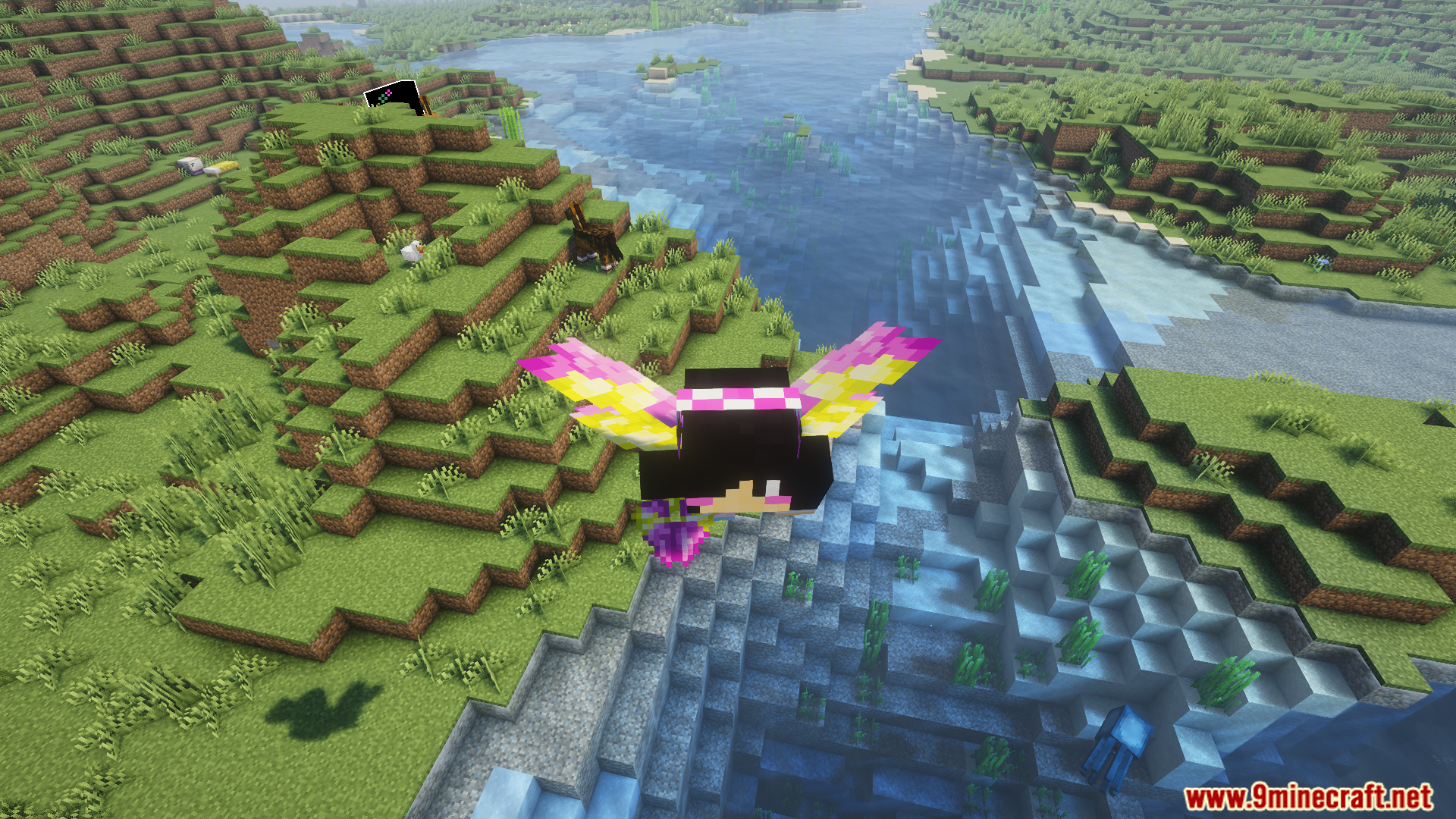 Player with colorful wings flying over a river landscape