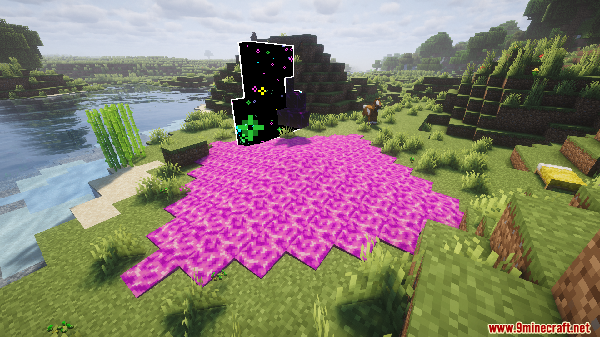A dark, glitchy portal on a patch of pink blocks