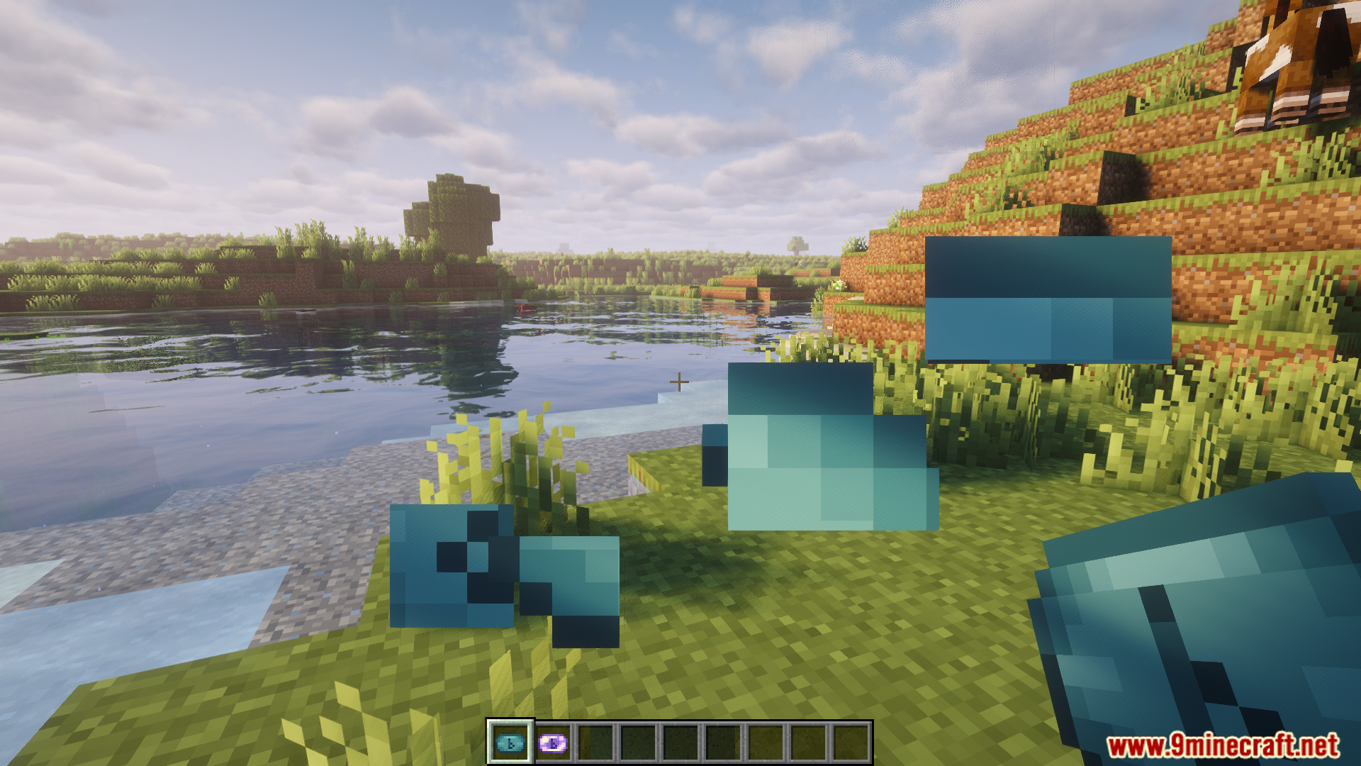 Player dashing near a river with blue particle effects