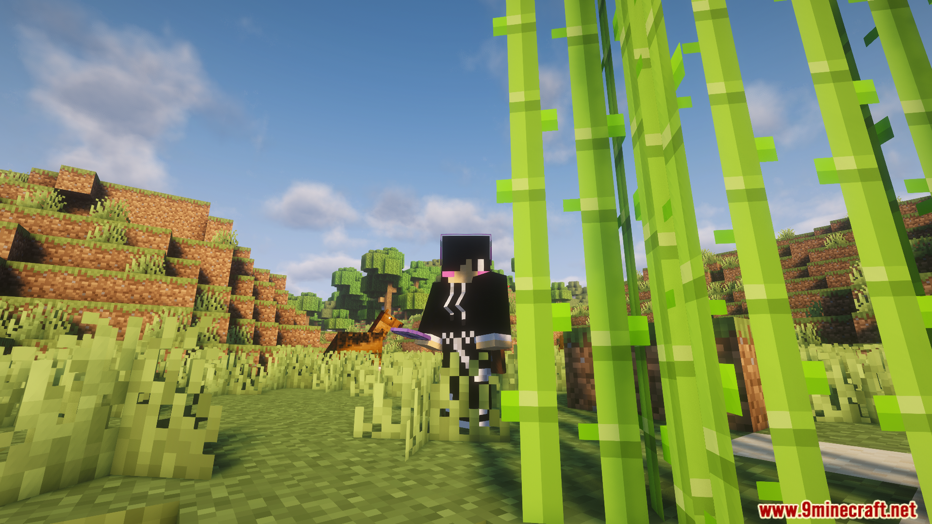 Player character with custom skin standing in bamboo