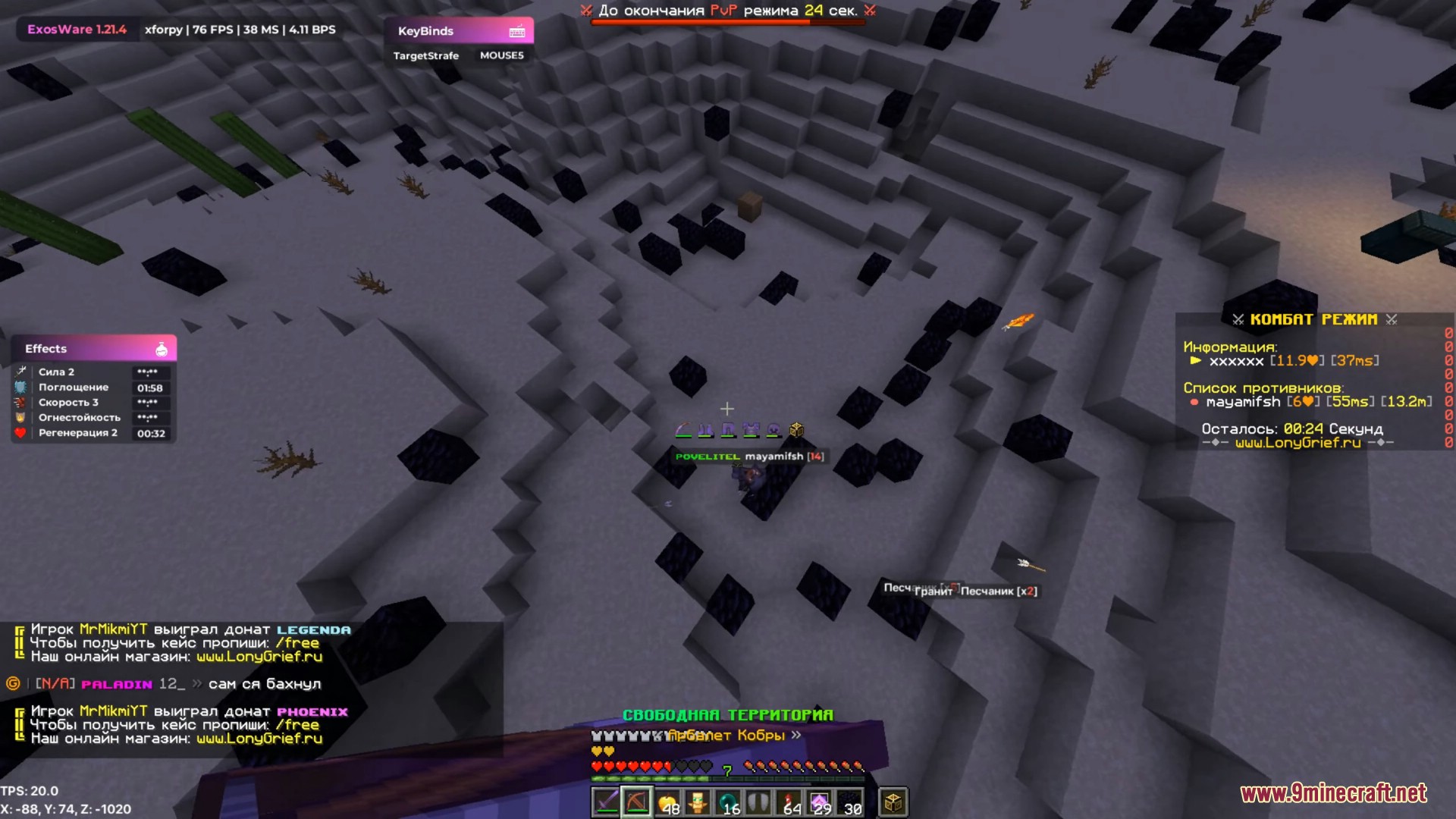 Player viewing another player from above in a snowy biome