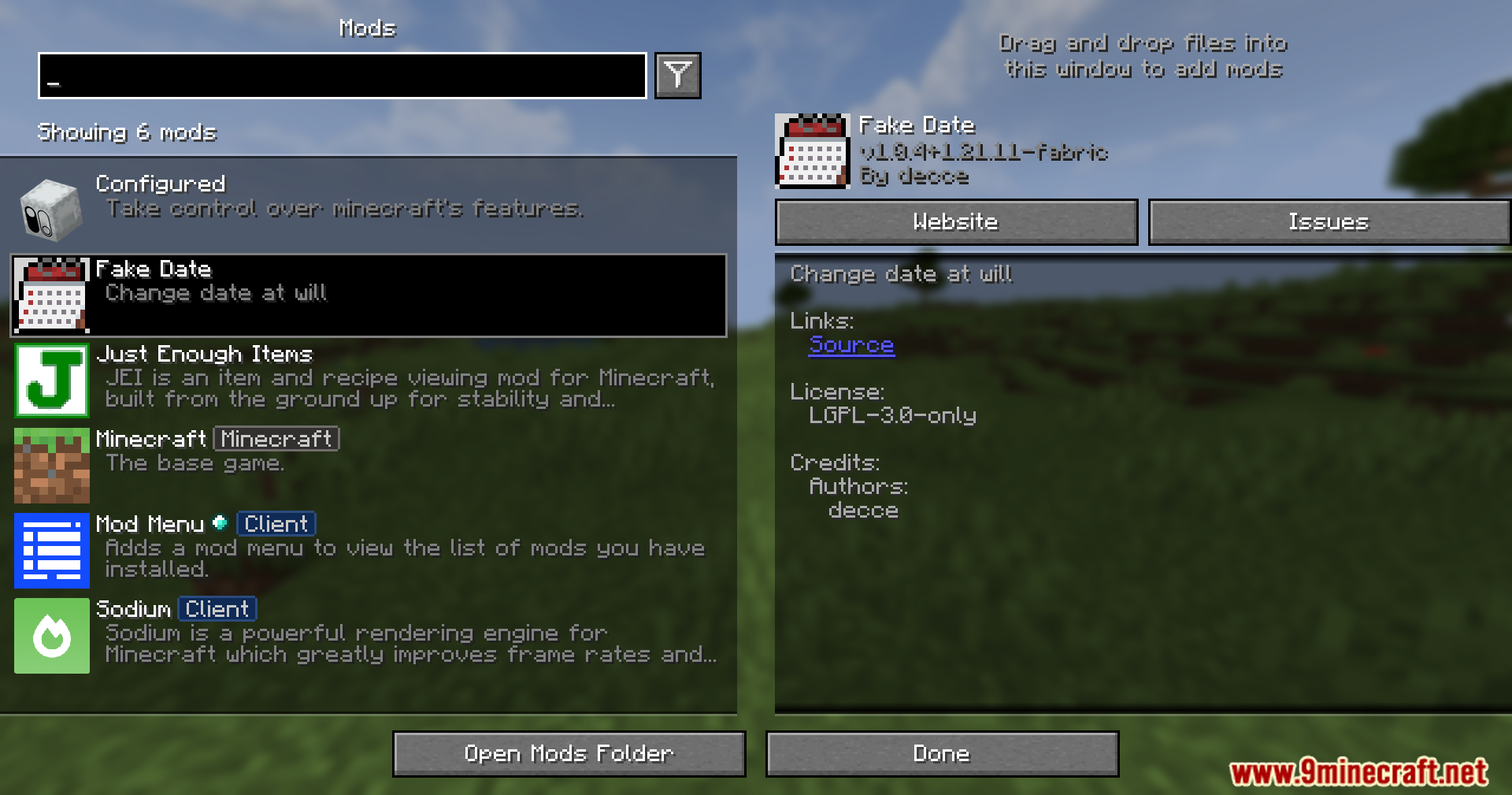 Mod menu interface displaying the installed Fake Date modification