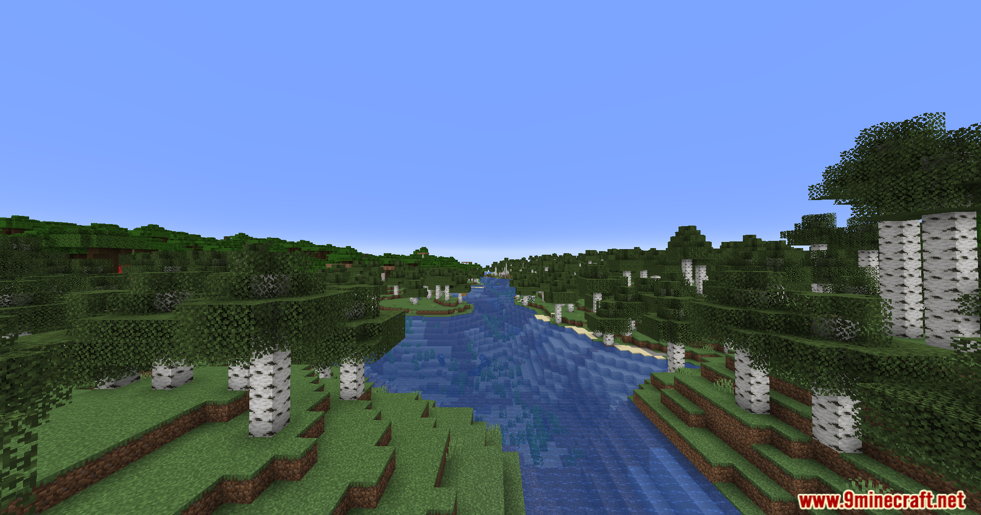 Wide river winding through a dense birch forest biome