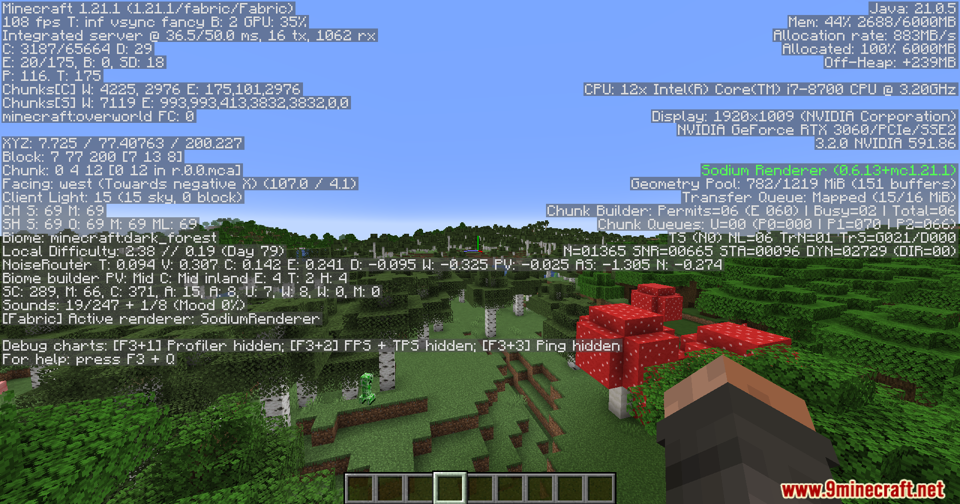 Debug screen displaying game day count near a giant red mushroom