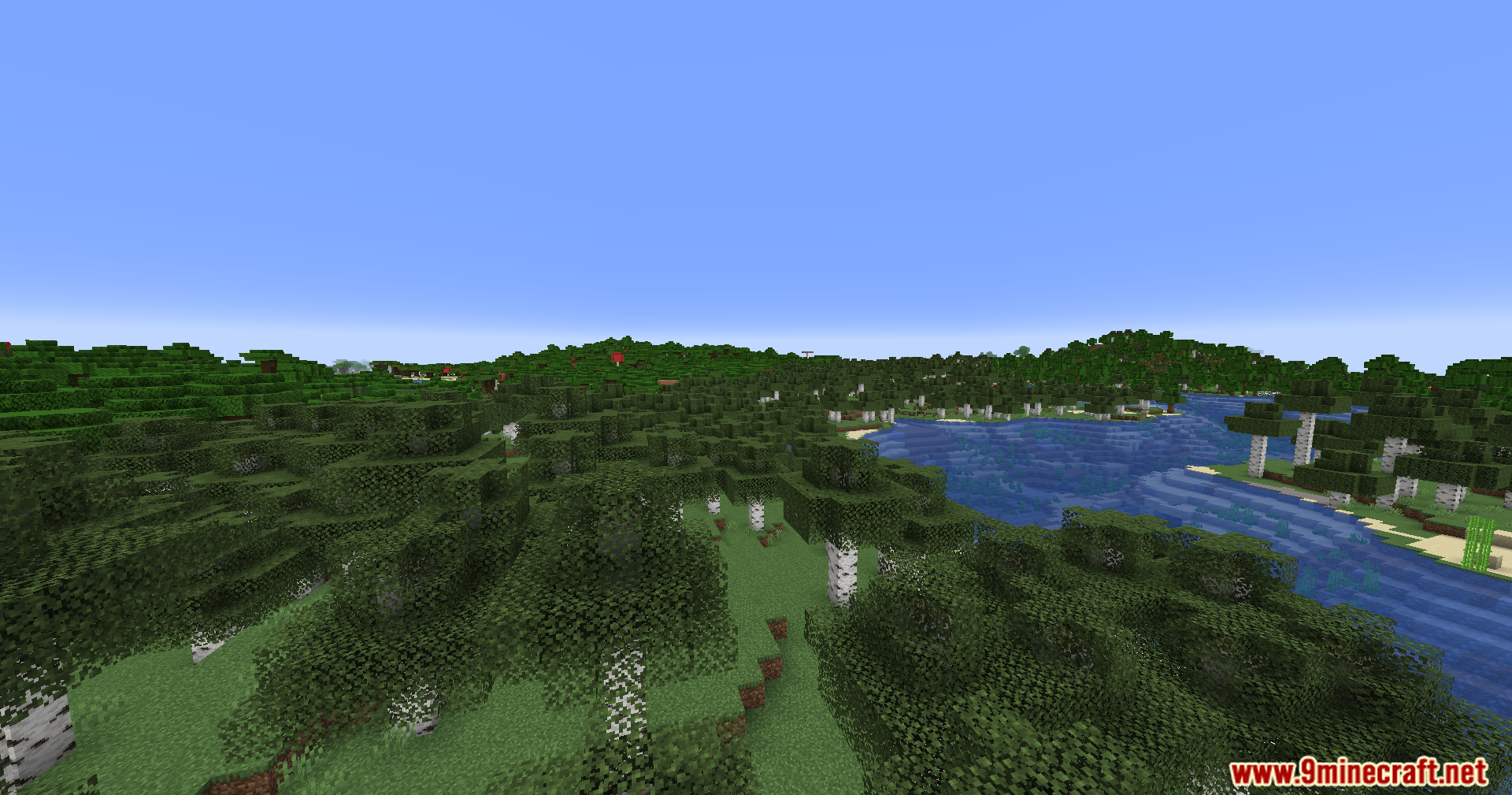 Wide scenic view of a birch forest biome next to river
