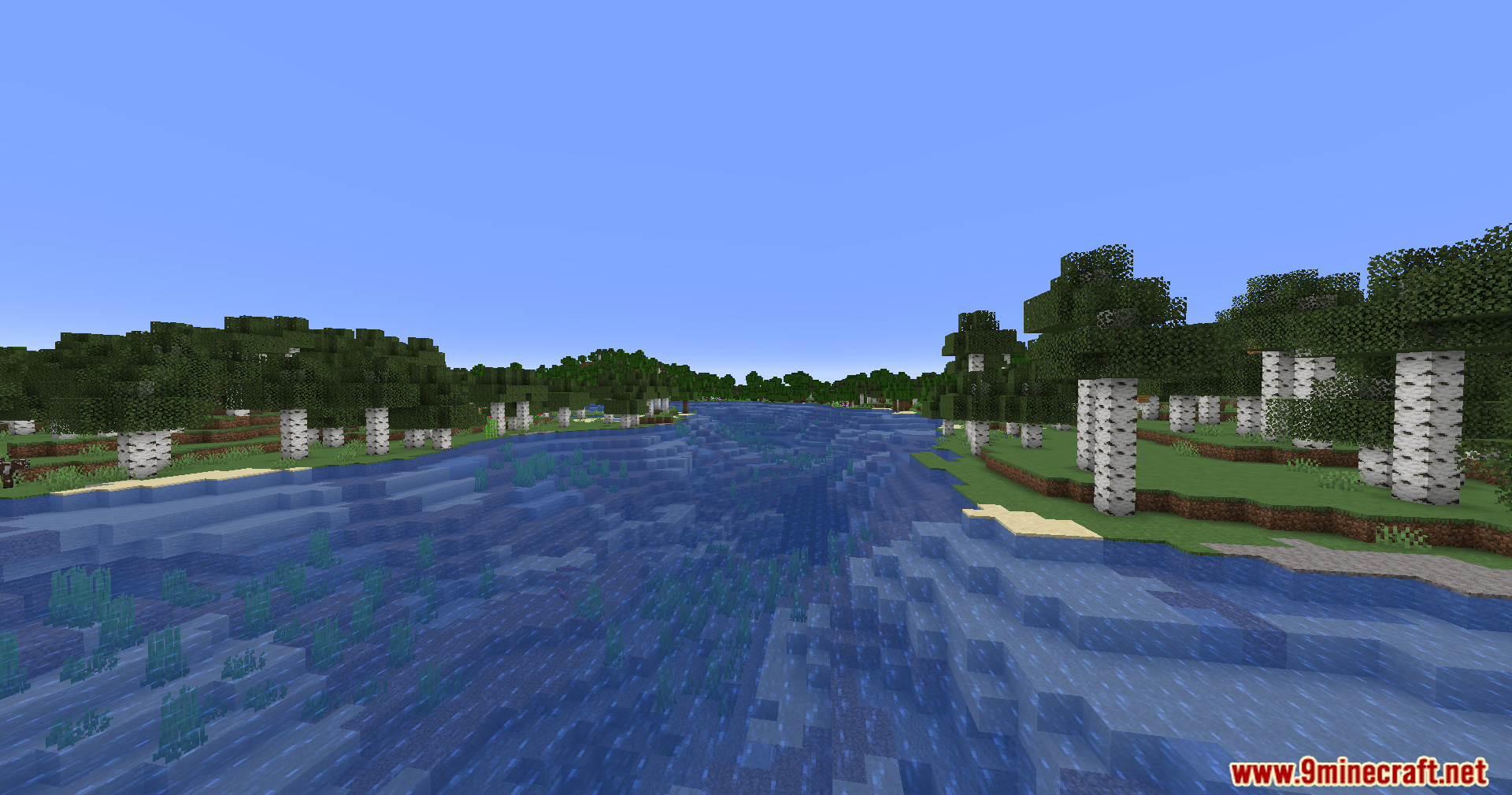 Clear blue river flowing through a green birch forest landscape