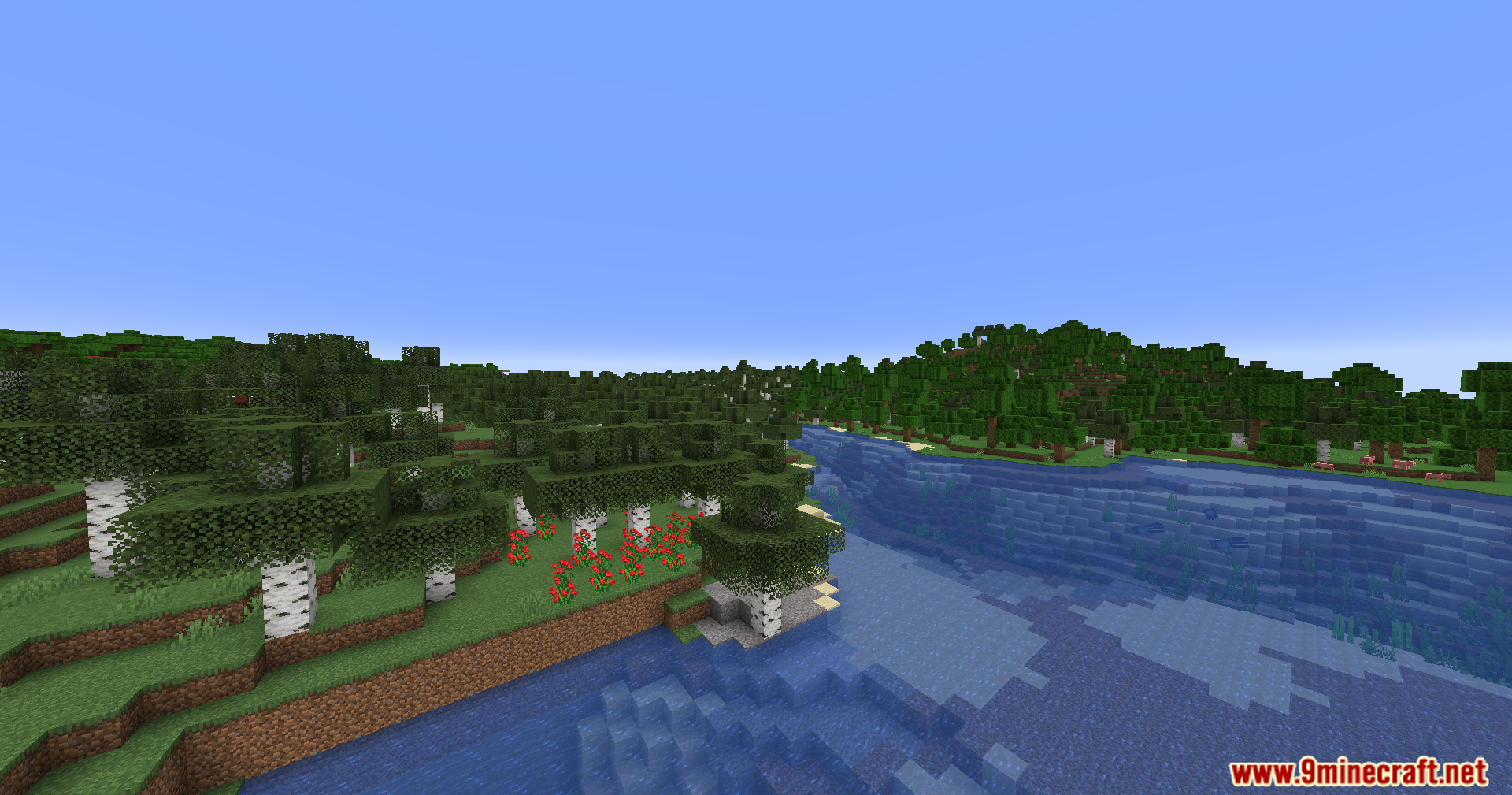River flowing through a birch forest biome with red flowers