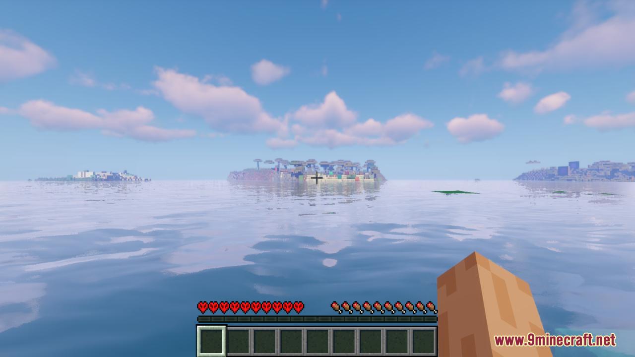 Player swimming in the ocean towards an island with hardcore hearts