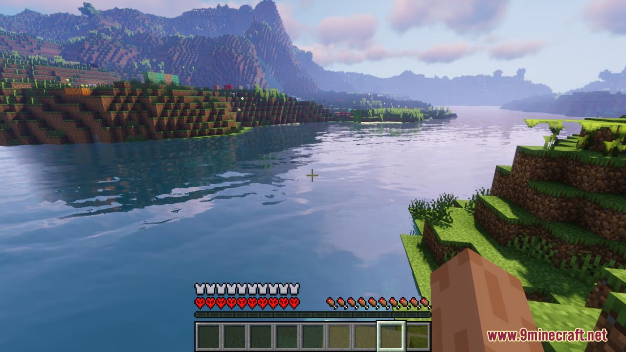 Player looking at a river with fake hardcore hearts displayed