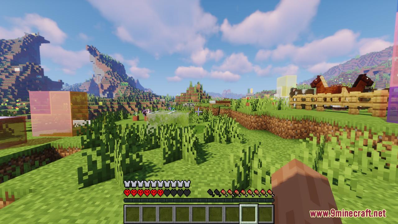 Player exploring a grassy field with horses and custom health bar