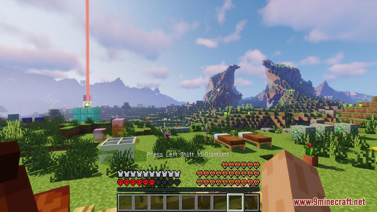 Dismounting a horse near a beacon with fake hardcore hearts visible