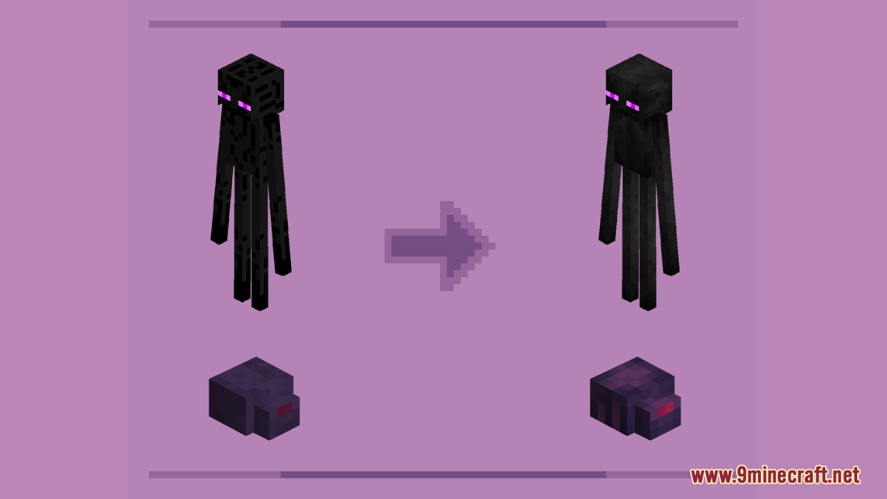 Comparison showing updated textures for Enderman and Endermite mobs in game
