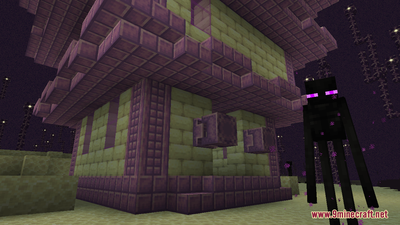 Enderman standing next to a building made of updated End blocks