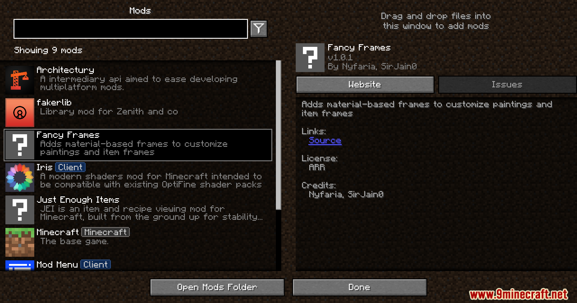 Fancy Frames mod menu showing installed game modifications