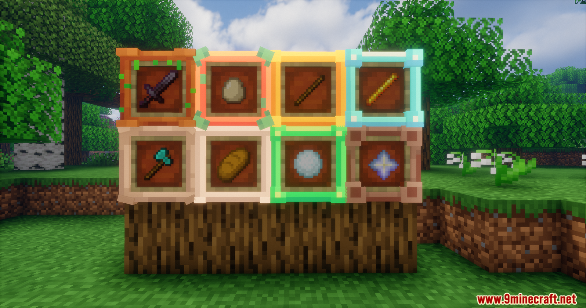 Different items placed inside decorative material based frames