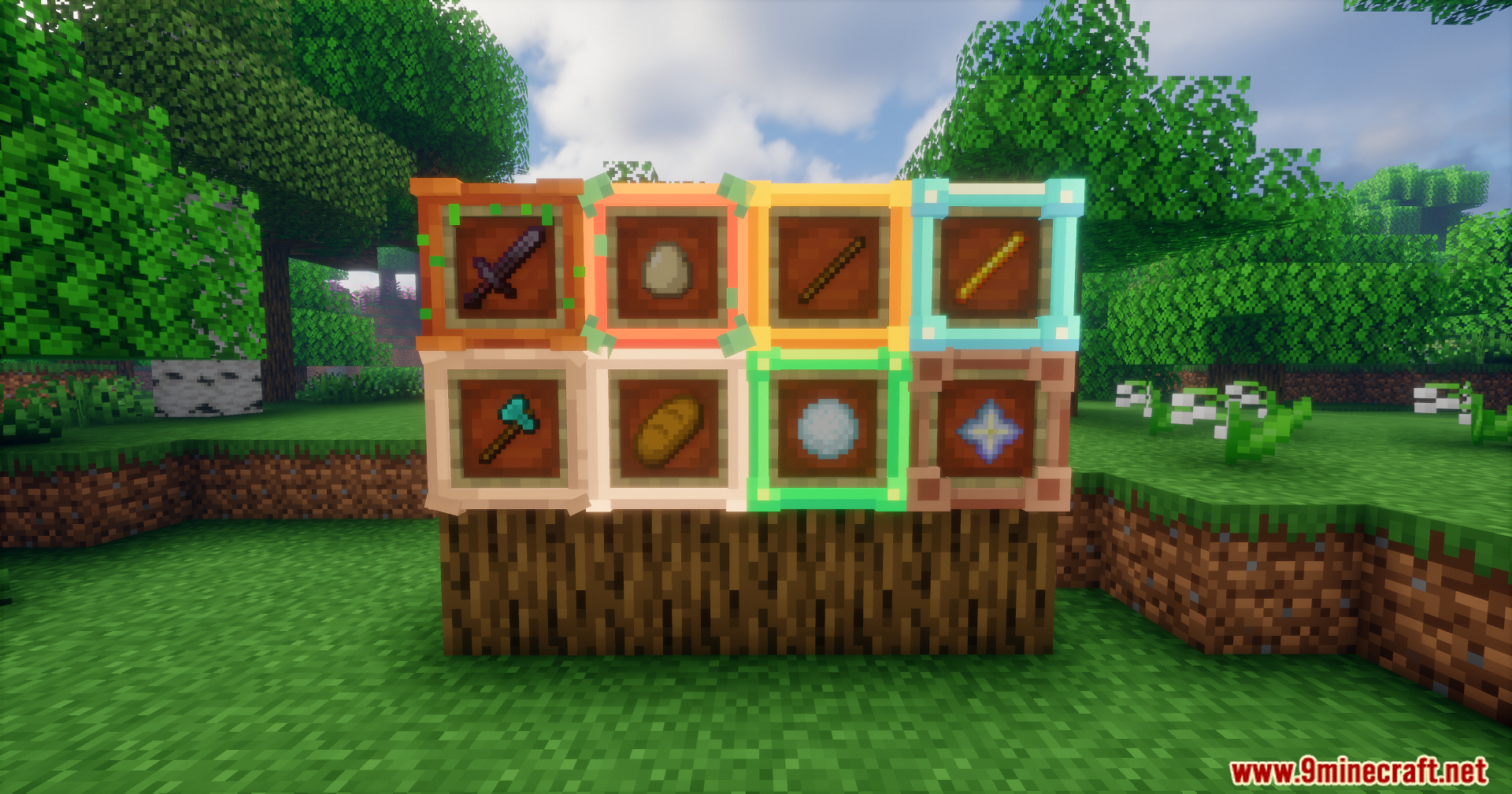Decorative item frames showcasing various materials and items