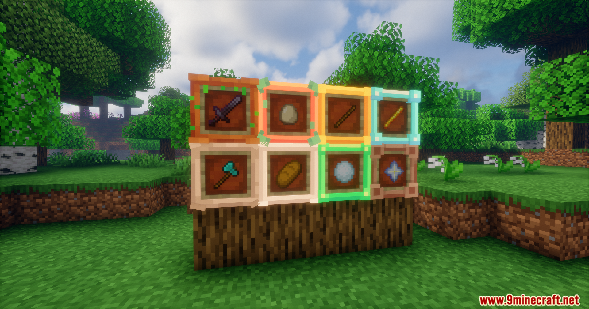 Fancy Frames mod showing various custom item frames on a wall