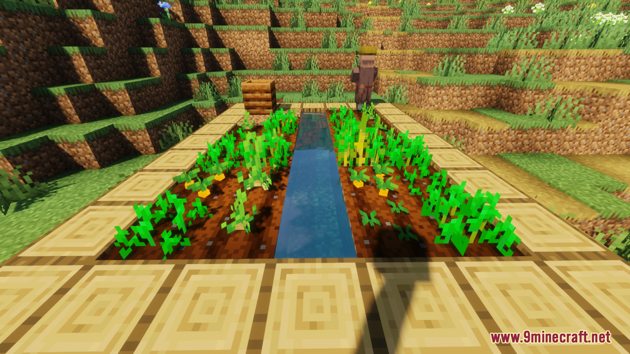 Detailed view of 3D farm crops alongside a central water trench