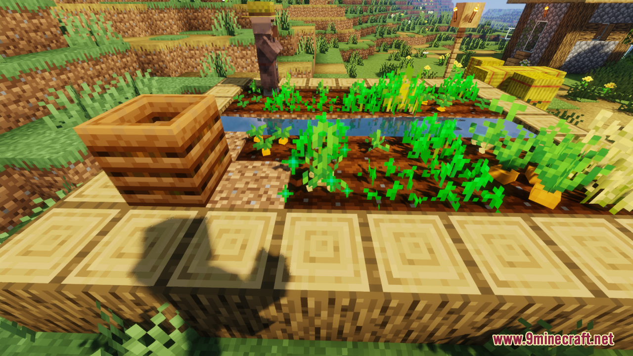 Wooden composter placed next to growing 3D crops in village farm