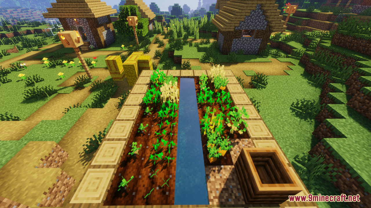 Village farm plot with a water trench and growing 3D crops