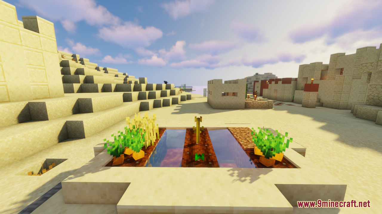 Desert village farm plot growing 3D carrots and wheat crops