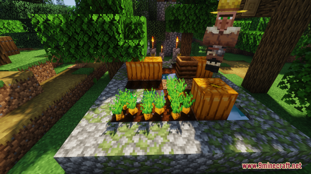 Farmer villager standing near pumpkins and 3D carrots in a farm