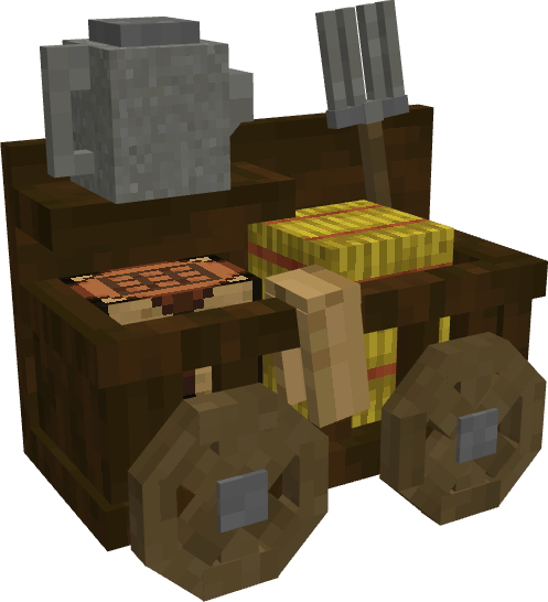 Farming 3d Addon Mod Screenshot 1 A wooden cart with a watering can, hay bale, and pitchfork