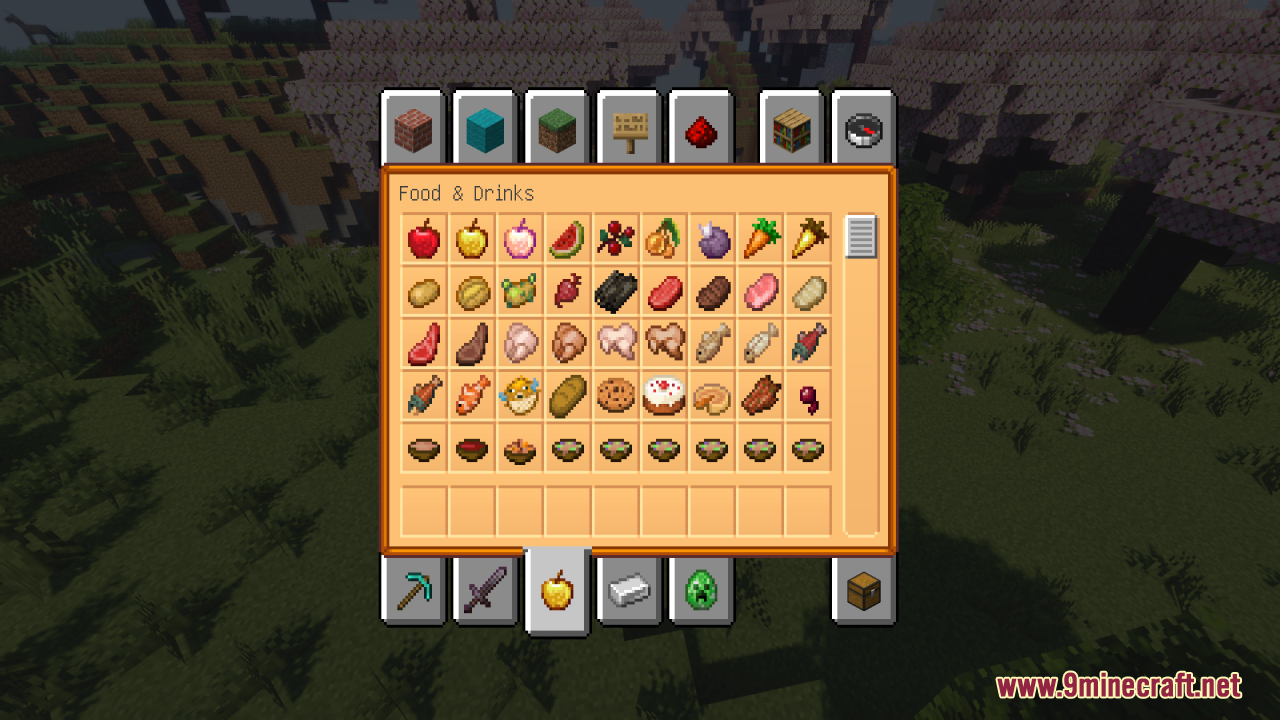 Reskinned creative inventory menu showing food and drinks