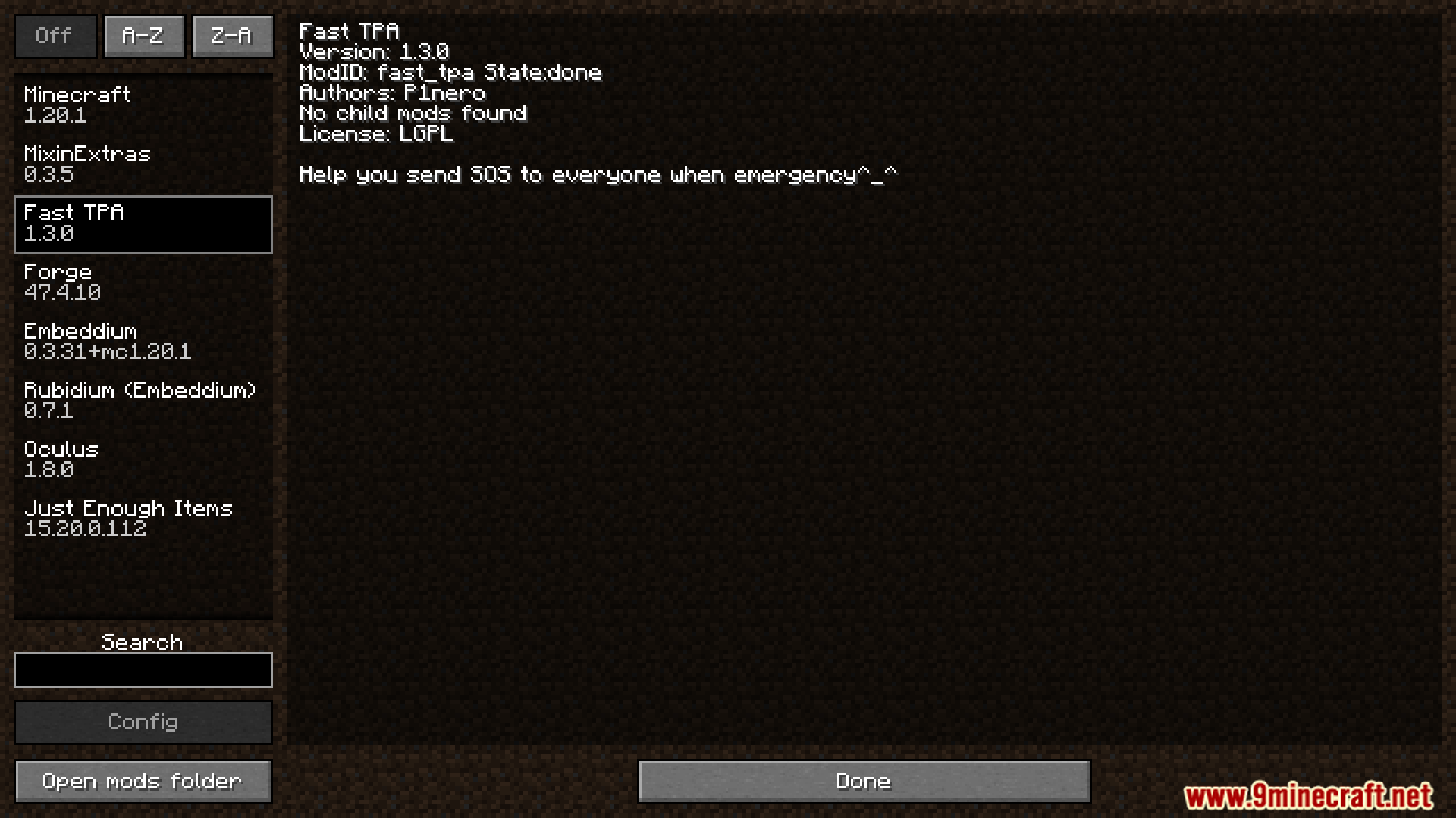Fast TPA mod selected in the Minecraft mod list menu