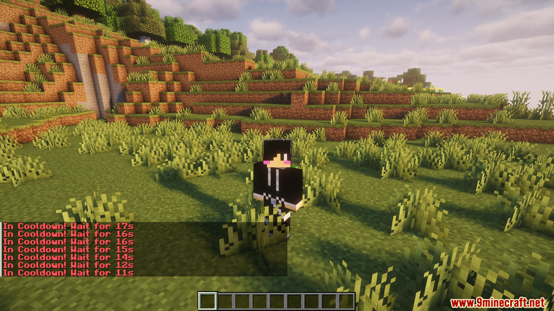 Player waiting for teleport cooldown timer in grassy field