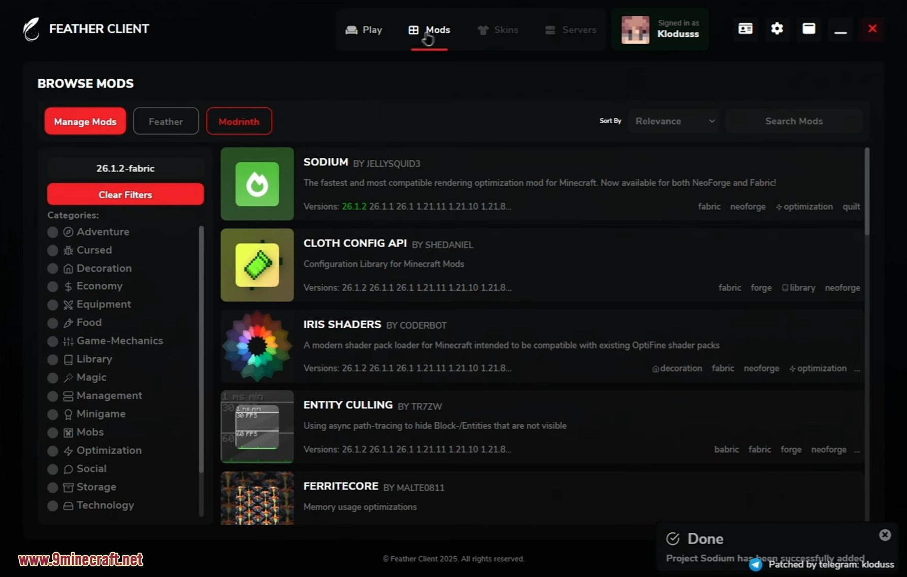 Browsing and managing mods within the client interface